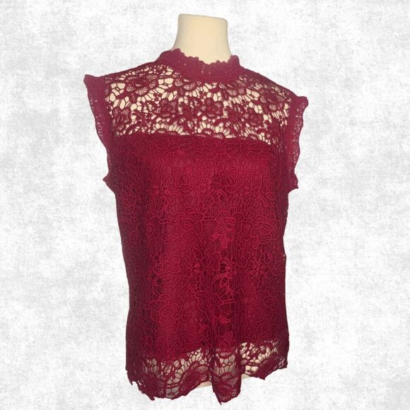 Nanette Lepore Burgundy Lace Blouse Women’s Size L – Sheer High Neck Goth Glam T - Picture 4 of 8